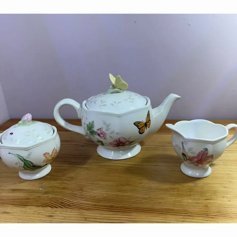 Lenox Butterfly Meadow 3 Pc Tea Set Teapot Creamer Sugar Bowl Floral
